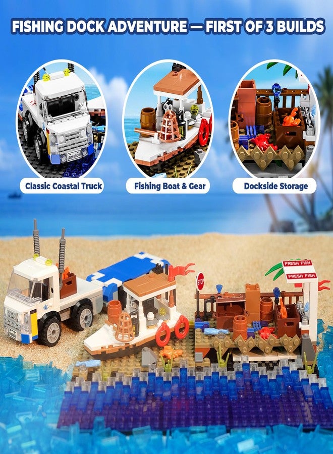 Mov stone 3 in 1 Flatbed Truck Coastal Scene Building Set - Fishing Dock, Police Beach Rescue & Cargo Port Diorama, Compatible with Lego Police Sets, Display Build for Teens & Adults (750 Pieces) - Image 4